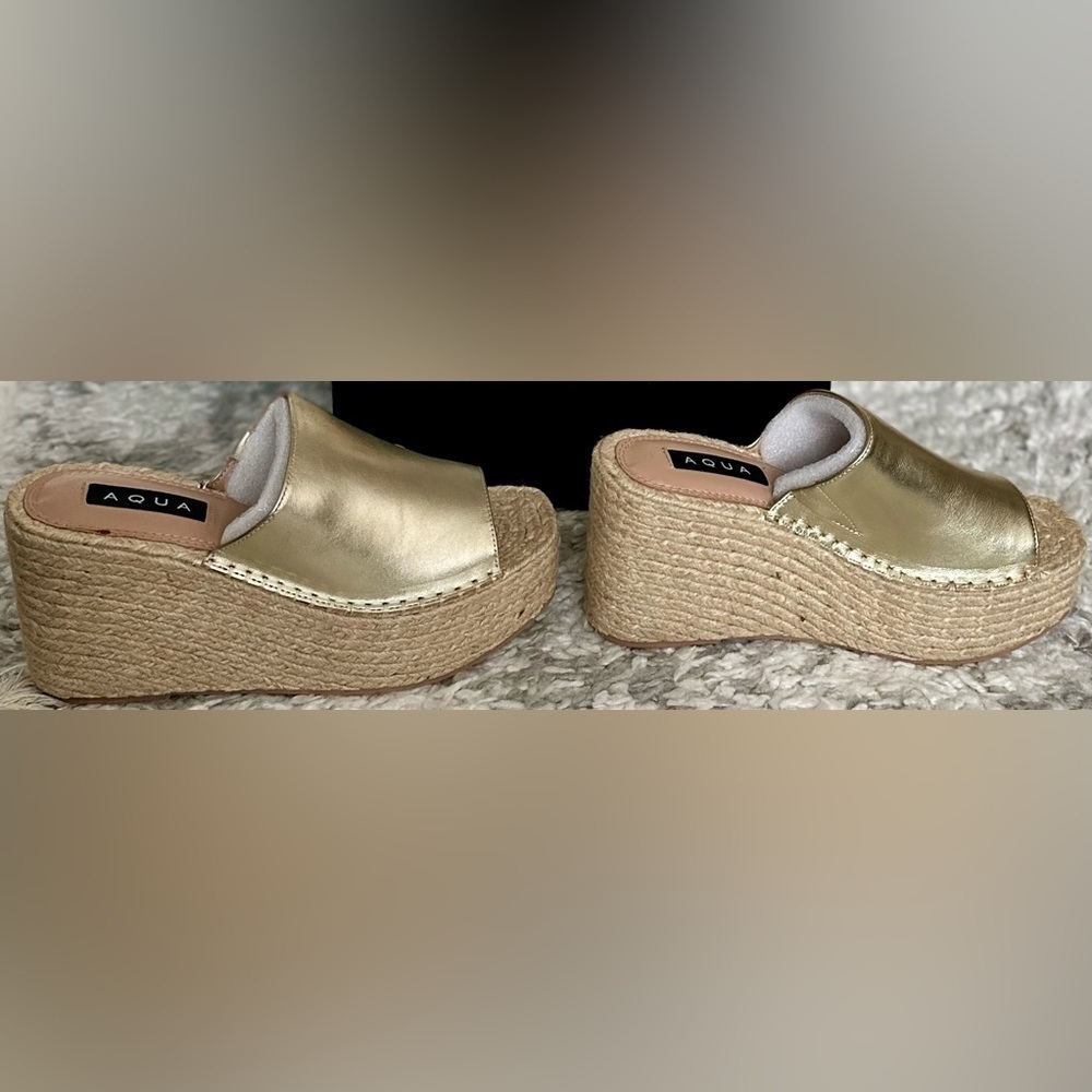 NWT Aqua Jacy Gold Leather Espadrille Platform Wedges — 7.5 | Summer Staple - Picture 10 of 14